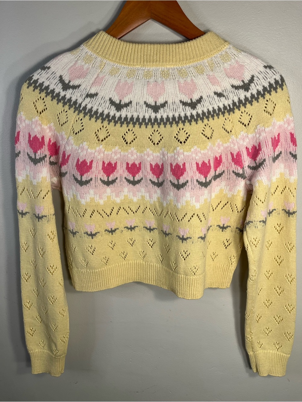 Freshman 1996 Pastel Yellow Floral Fair Isle Cropped Cardigan - Picture 2 of 9
